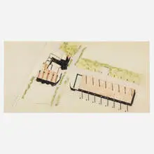 Arata Isozaki, KitaKyushu International Conference Center aerial perspective drawing, 1988, ink on tissue paper