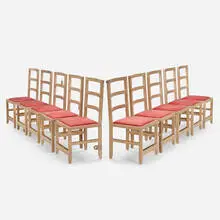 Morgan Spaulding, Monolith Ladderback chairs, set of ten, c. 2020, white-washed oak, hand-dyed upholstery