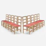 Morgan Spaulding, Monolith Ladderback chairs, set of ten, c. 2020, white-washed oak, hand-dyed upholstery