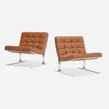Nicos Zographos, Lounge chairs model 28, pair, c. 1960, faux leather upholstery, chrome-plated stainless steel