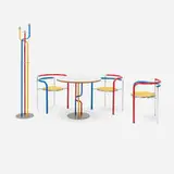 Rud Thygesen and Johnny Sørensen, Dark Horse five-piece suite, c. 1989, enameled steel, chrome-plated steel, laminate, wool upholstery