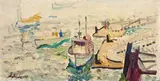 Hayley Lever, Boats at harbor, oil on board