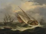 Thomas Luny, The Van Der Dort and other Dutch sailing vessels in choppy waters, oil on canvas