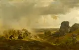 Karl Friedrich Lessing, The flight across a rocky landscape, oil on canvas