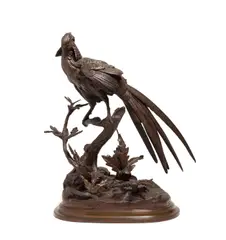 Ferdinand Pautrot, French patinated bronze model of a pheasant on branch, patinated bronze