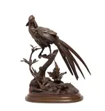 Ferdinand Pautrot, French patinated bronze model of a pheasant on branch, patinated bronze