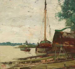 A Dutch landscape with barges; A Dutch polder landscape (a group of two) by Henry Ward Ranger, oil on artist board, offered Mar 2018