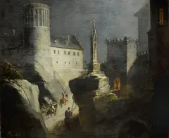 Ludvík Kohl, Armored horsemen approaching a gate in a fortified wall, 1815, oil on panel