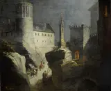 Ludvík Kohl, Armored horsemen approaching a gate in a fortified wall, 1815, oil on panel