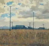 Phillips Frisbie Lewis, Houses and Power Lines, oil on canvas
