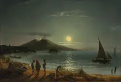 Gustaf Wilhelm Palm, Mondschein über der Bucht von Neapel, 1842, Öl auf Holz