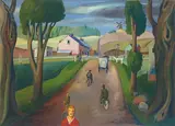 Heinrich Harry Deierling, Dorfstraße mit Milchwagen, Öl auf Leinwand