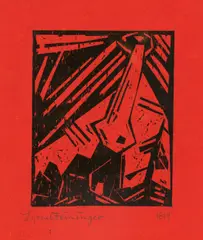 Kirche (mit schiefem Turm) by Lyonel Feininger, 1918, Holzschnitt auf rotem Seidenpapier, sold Nov 2017