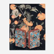Andrew Schoultz, Untitled, acrylic on panel in four parts