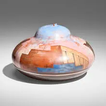 Lidya Buzio, Roofscape vessel, 1982, earthenware painted with color oxide slips, burnished, fired, and waxed