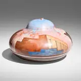 Lidya Buzio, Roofscape vessel, 1982, earthenware painted with color oxide slips, burnished, fired, and waxed