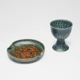 Brother Thomas Bezanson, Chalice and plate, blue elm ash with kaki-glazed porcelain, blue elm ash-glazed porcelain