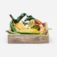 Peter VandenBerge, Vegetable Box, 1972, glazed stoneware, glazed earthenware, soil, straw