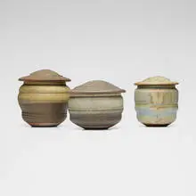 Karen Karnes, Collection of three covered vessels, 1990, glazed stoneware