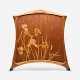 Silas Kopf, Marquetry fire screen with irises, 1988, cherry, fruitwoods, ebony