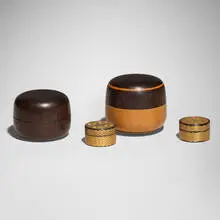 Dale Chase, Collection of four small boxes, c. 1995, boxwood, African blackwood, metal