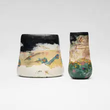 Bennett Bean, Vessels, set of two, c. 2000, pit-fired and painted earthenware
