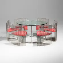 Verner Panton, Pantonova dining set, 1971, chrome-plated steel, glass, upholstery