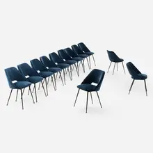 Modern, Dining chairs, set of twelve, c. 1960, microfiber upholstery, lacquered steel