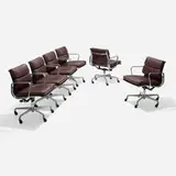 Charles and Ray Eames, Soft Pad Management chairs, set of six, 1969 / 2000, polished aluminum, leather upholstery, lacquered steel