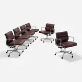 Charles and Ray Eames, Soft Pad Management chairs, set of six, 1969 / 2000, polished aluminum, leather upholstery, lacquered steel