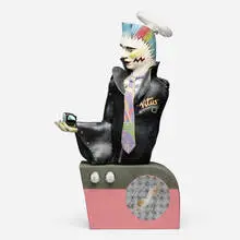 Mark Burns, St. Vitus (figural lamp), 1983, glazed and painted earthenware, silk, metal, found objects