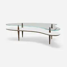 Modern, Tiered coffee table, c. 1955, glass, walnut, laminate, brass, painted wood
