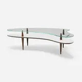 Modern, Tiered coffee table, c. 1955, glass, walnut, laminate, brass, painted wood