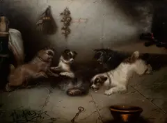Edward Armfield, Terrier ratting in a barn, oil on canvas