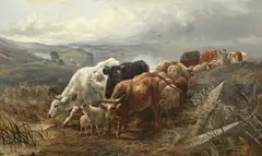 Robert Cleminson, Stag and Deer in a Highland Landscape, oil on canvas