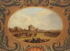 James Pollard, Doncaster Races - Horses Starting for the Great St. Leger Stakes, oval vignette within a decorative cartouche