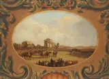 James Pollard, Doncaster Races - Horses Starting for the Great St. Leger Stakes, oval vignette within a decorative cartouche