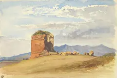 Albert Venus, Campagna-Landschaft mit dem Mausoleo dei Gordiani, Aquarell auf genarbtem Papier