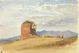 Albert Venus, Campagna-Landschaft mit dem Mausoleo dei Gordiani, Aquarell auf genarbtem Papier