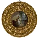 Franz Ludwig Catel, Bärtiger Mönch in Kontemplation im Licht des Mondes“. Um 1828 (?), Öl auf Papier auf Pappe. Durchmesser: 8,7 cm (Tondo) (3 ⅜ in. (Tondo))