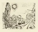 Max Beckmann, Landschaft mit Ballon, 1918, Kaltnadel auf Japan