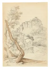 Boris Deutsch, Ansicht Olevanos von Südosten, Bleistift auf Papier, teilw. aquarelliert in Braun