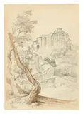 Boris Deutsch, Ansicht Olevanos von Südosten, Bleistift auf Papier, teilw. aquarelliert in Braun