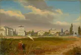 Deutsch, um 1840, Malerin am Stadtrand, Öl auf Leinwand