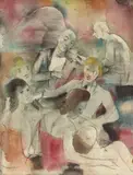 Magnus Zeller, Im Travestielokal. 1920er Jahre, Aquarell und Tuschfeder auf Velin. Rückseitig: Landschaft mit Reiter. 1940er Jahre. Aquarell. Dort unten signiert: Magnus Zeller