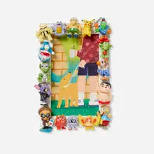 Imon Boy, Walking the Dog, 2020, acrylic on board in artist's frame with found vinyl figures