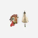 Kranitzky & Overstreet, Two brooches, c. 2010, silver, carved and decorated wood, enamel, abalone shell