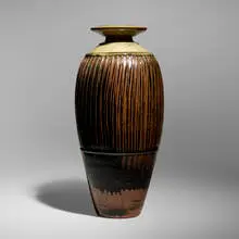 Richard Batterham, Tall fluted bottle vase, 2005, tenmoku and green ash-glazed stoneware