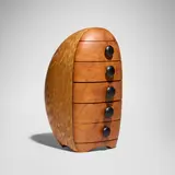 Ray Jones, Half Moon jewelry box, 1997, quilted maple, madrone burl, ebony, Spanish cedar