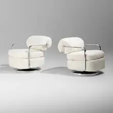 Lounge chairs, pair by Milo Baughman, c. 1965, bouclé upholstery, chrome-plated steel, sold May 2026